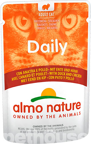 Almo Nature Daily Cat Ніжні шматочки з куркою та качкою для котів, пауч