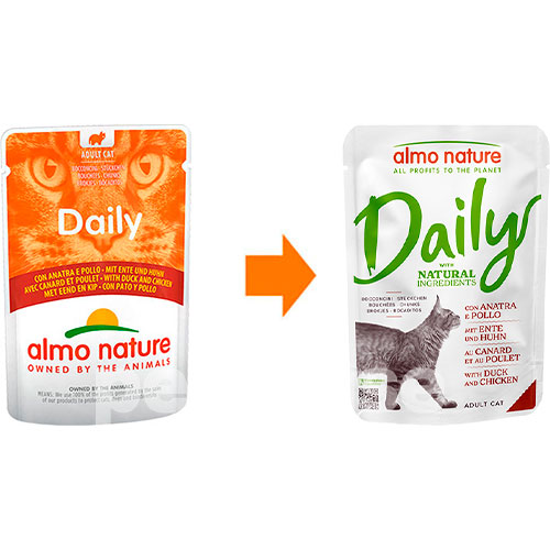 Almo Nature Daily Cat Нежные кусочки с курицей и уткой для кошек, пауч