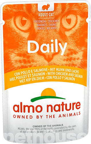 Almo Nature Daily Cat Нежные кусочки с курицей и лососем для кошек, пауч