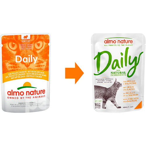Almo Nature Daily Cat Нежные кусочки с курицей и лососем для кошек, пауч