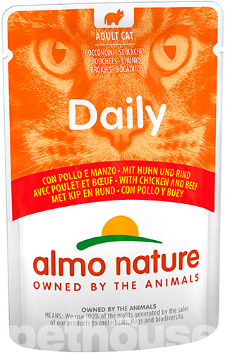 Almo Nature Daily Cat Нежные кусочки с курицей и говядиной для кошек, пауч