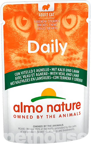 Almo Nature Daily Cat Ніжні шматочки з телятиною та ягням для котів, пауч