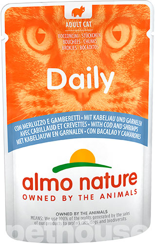 Almo Nature Daily Cat Нежные кусочки с треской и креветками для кошек, пауч