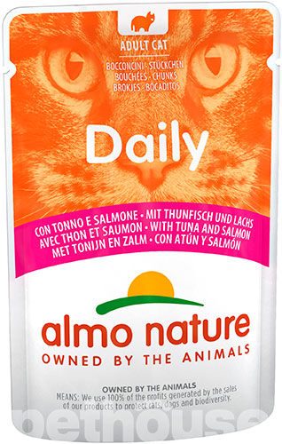 Almo Nature Daily Cat Ніжні шматочки з тунцем і лососем для котів, пауч