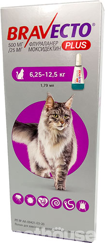 Бравекто Плюс Краплі від бліх, кліщів і глистів для котів вагою від 6,25 кг до 12,5 кг