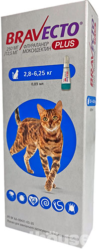 Бравекто Плюс Капли от блох, клещей и глистов для кошек весом от 2,8 кг до 6,25 кг