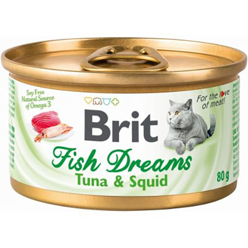 Brit Fish Dreams с тунцом и кальмаром в бульоне для кошек
