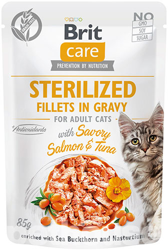 Brit Care Cat Fillets in Gravy Sterilized з лососем і тунцем для стерилізованих котів
