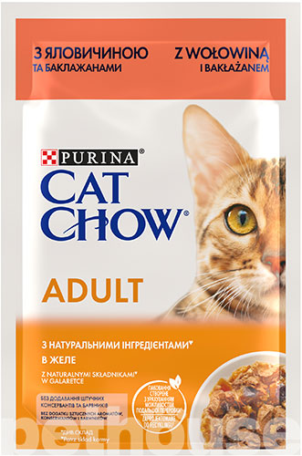 Cat Chow Нежные кусочки с говядиной и баклажанами в желе для кошек