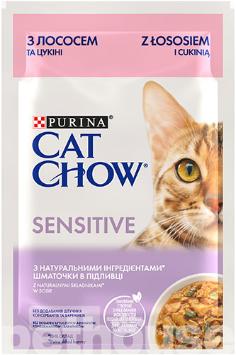 Cat Chow Sensitive Нежные кусочки с лососем и цуккини для кошек с чувствительным пищеварением