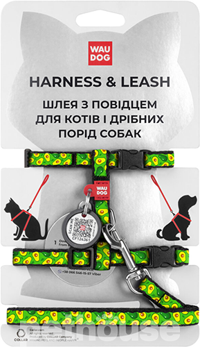 Collar WAUDOG Nylon Шлея "Авокадо" с поводком и QR-паспортом для кошек и собак