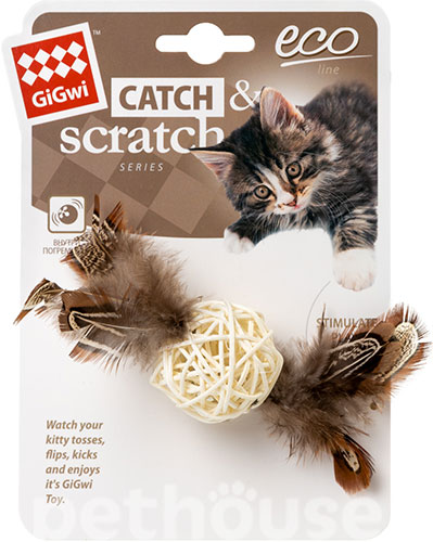 GiGwi Catch & Scratch Плетений м'ячик із дзвіночком і пір'ям для котів, фото 2