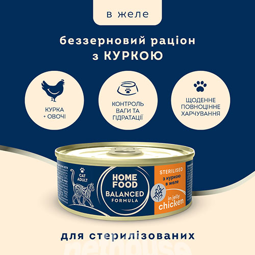 Home Food Sterilised Беззерновий вологий корм з куркою в желе для стерилізованих котів