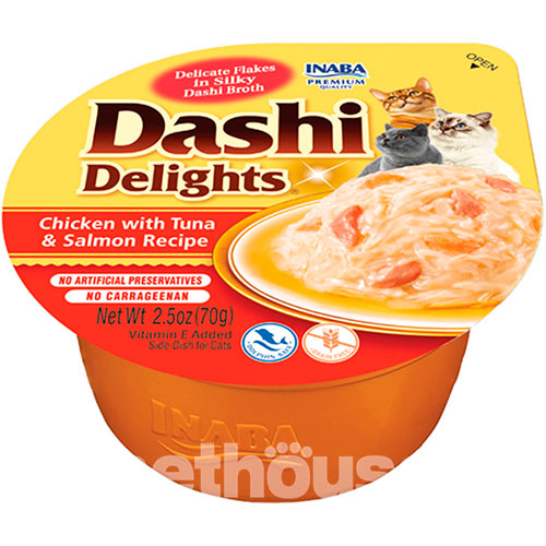 Inaba Dashi Delights Нежные хлопья курицы с тунцом и лососем в шелковистом бульоне для кошек Inaba Dashi Delights Нежные хлопья курицы с тунцом и лососем в шелковистом бульоне для кошек