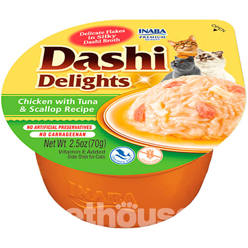 Inaba Dashi Delights Ніжні пластівці курки з тунцем і морським гребінцем у шовковистому бульйоні для котів Inaba Dashi Delights Ніжні пластівці курки з тунцем і морським гребінцем у шовковистому бульйоні для котів