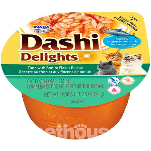 Inaba Dashi Delights Нежные хлопья тунца с хлопьями бонито в нежном бульоне для кошек