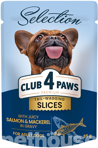 Клуб 4 лапы Premium Selection Кусочки с лососем и макрелью в соусе для взрослых собак