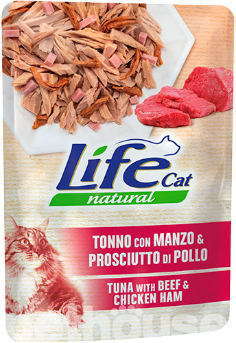 LifeCat Тунець з яловичиною та курячою шинкою в желе для котів, пауч