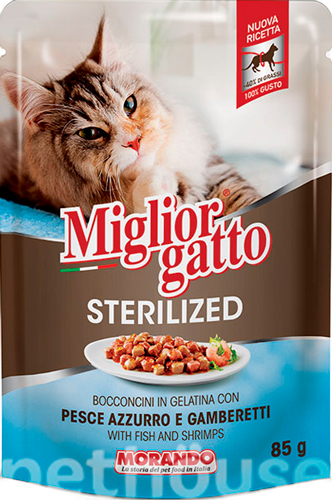 Migliorgatto Sterilized Кусочки с рыбой и креветками в желе