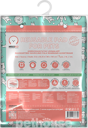Misoko Многоразовая пеленка "Веселые щенки" для собак, мятная