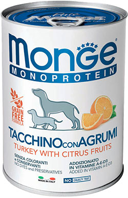 Monge Monoprotein Fruit Dog Adult Turkey with Citrus Fruits Cans