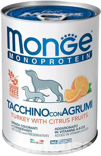 Monge Monoprotein Fruit Dog Adult Turkey with Citrus Fruits Cans