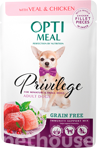 Optimeal Privilege Grain Free с телятиной и куриным филе в соусе для собак малых пород