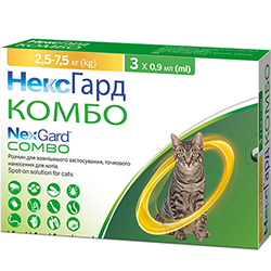 НексГард Комбо Капли от блох, клещей и глистов для кошек весом от 2,5 до 7,5 кг