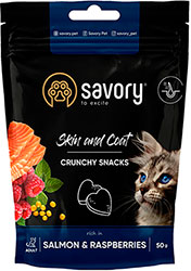 Savory Cat Skin And Coat Crunchy Snack с лососем и малиной для кошек