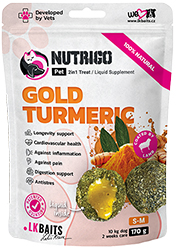 LK Baits Pet Nutrigo Gold Turmeric S-M Функциональные лакомства с ягненком и начинкой из жидкого куркумина для собак средних пород