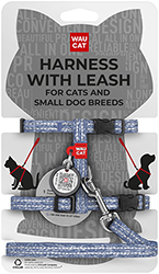 WauCat Re-cotton Шлея із відновленої бавовни з QR-паспортом для котів і собак, синя
