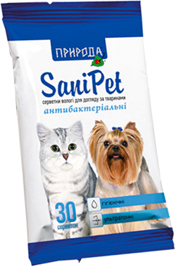 Природа SaniPet Влажные антибактериальные салфетки для кошек и собак