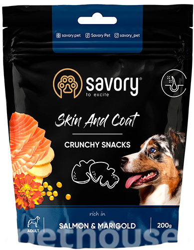 Savory Dog Skin And Coat Crunchy Snack с лососем и бархатцами для собак