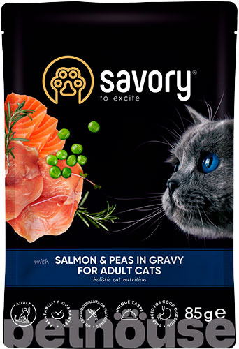 Savory Adult Cat Pouch with Salmon & Peas in Gravy