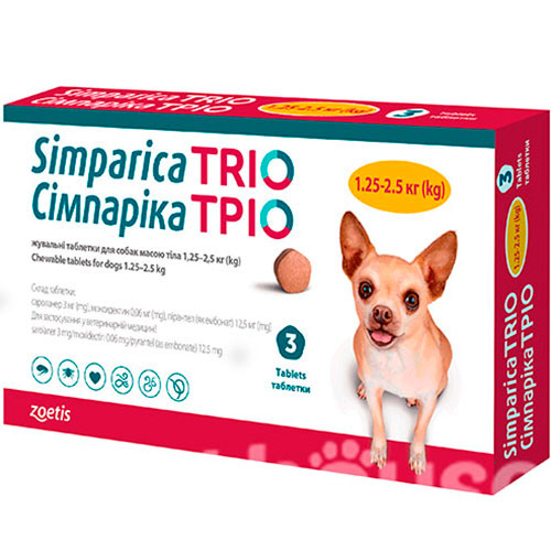 Сімпаріка ТРІО Таблетки від глистів, бліх і кліщів для собак вагою від 1,25 до 2,5 кг