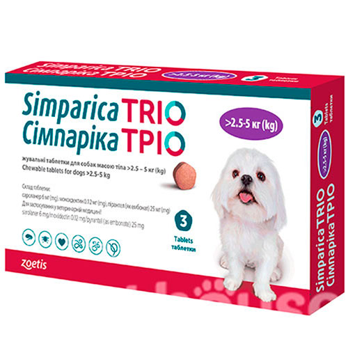 Сімпаріка ТРІО Таблетки від глистів, бліх і кліщів для собак вагою від 2,5 до 5 кг