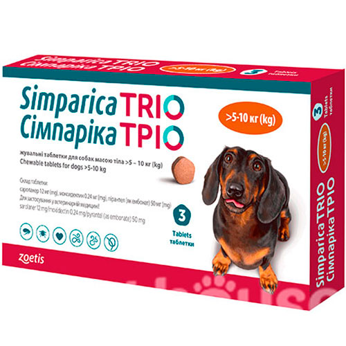 Симпарика ТРИО Таблетки от глистов, блох и клещей для собак весом от 5 до 10 кг