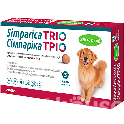 Симпарика ТРИО Таблетки от глистов, блох и клещей для собак весом от 20 до 40 кг
