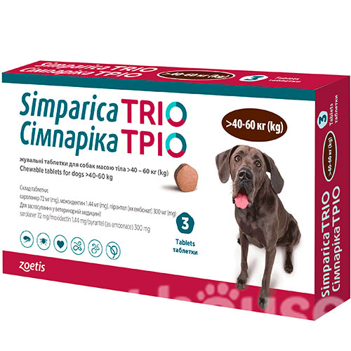 Сімпаріка ТРІО Таблетки від глистів, бліх і кліщів для собак вагою від 40 до 60 кг