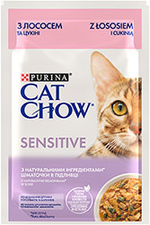 Cat Chow Sensitive Нежные кусочки с лососем и цуккини для кошек с чувствительным пищеварением