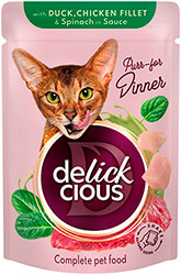 Delickcious Cat Adult Chunks with Duck, Chicken Fillet & Spinach in Sauce