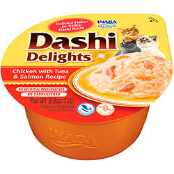 Inaba Dashi Delights Нежные хлопья курицы с тунцом и лососем в шелковистом бульоне для кошек