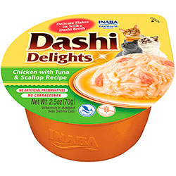 Inaba Dashi Delights Ніжні пластівці курки з тунцем і морським гребінцем у шовковистому бульйоні для котів