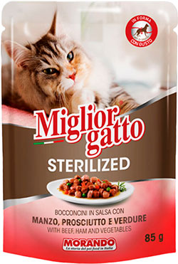 Migliorgatto Sterilized Кусочки с говядиной и прошутто в соусе для кошек