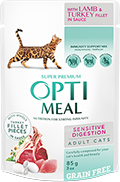 Optimeal Grain Free Кусочки с ягненком и индейкой в соусе для кошек с чувствительным пищеварением