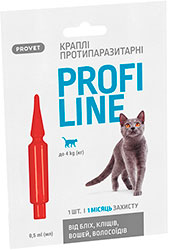 ПрофиЛайн ProVET капли от блох и клещей для кошек весом до 4 кг
