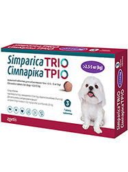 Сімпаріка ТРІО Таблетки від глистів, бліх і кліщів для собак вагою від 2,5 до 5 кг