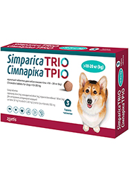 Сімпаріка ТРІО Таблетки від глистів, бліх і кліщів для собак вагою від 10 до 20 кг