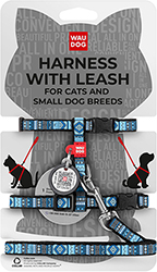WauCat Nylon Шлея "Этно" с поводком и QR-паспортом для кошек и собак, синяя