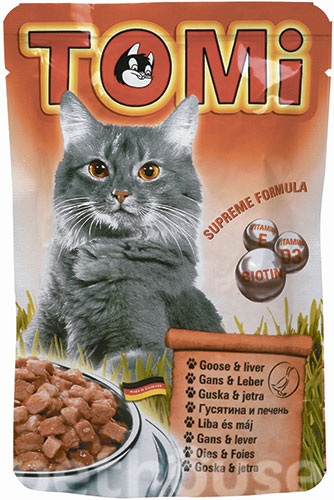 Tomi Кусочки с мясом гуся и печенью для кошек, пауч